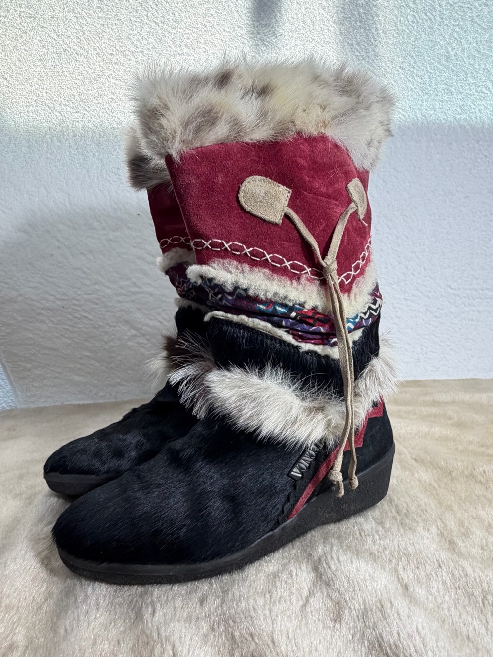 Tecnica Vintage Fur Suede Apres Ski Boots Black Red Women EU 39 Size 8.5